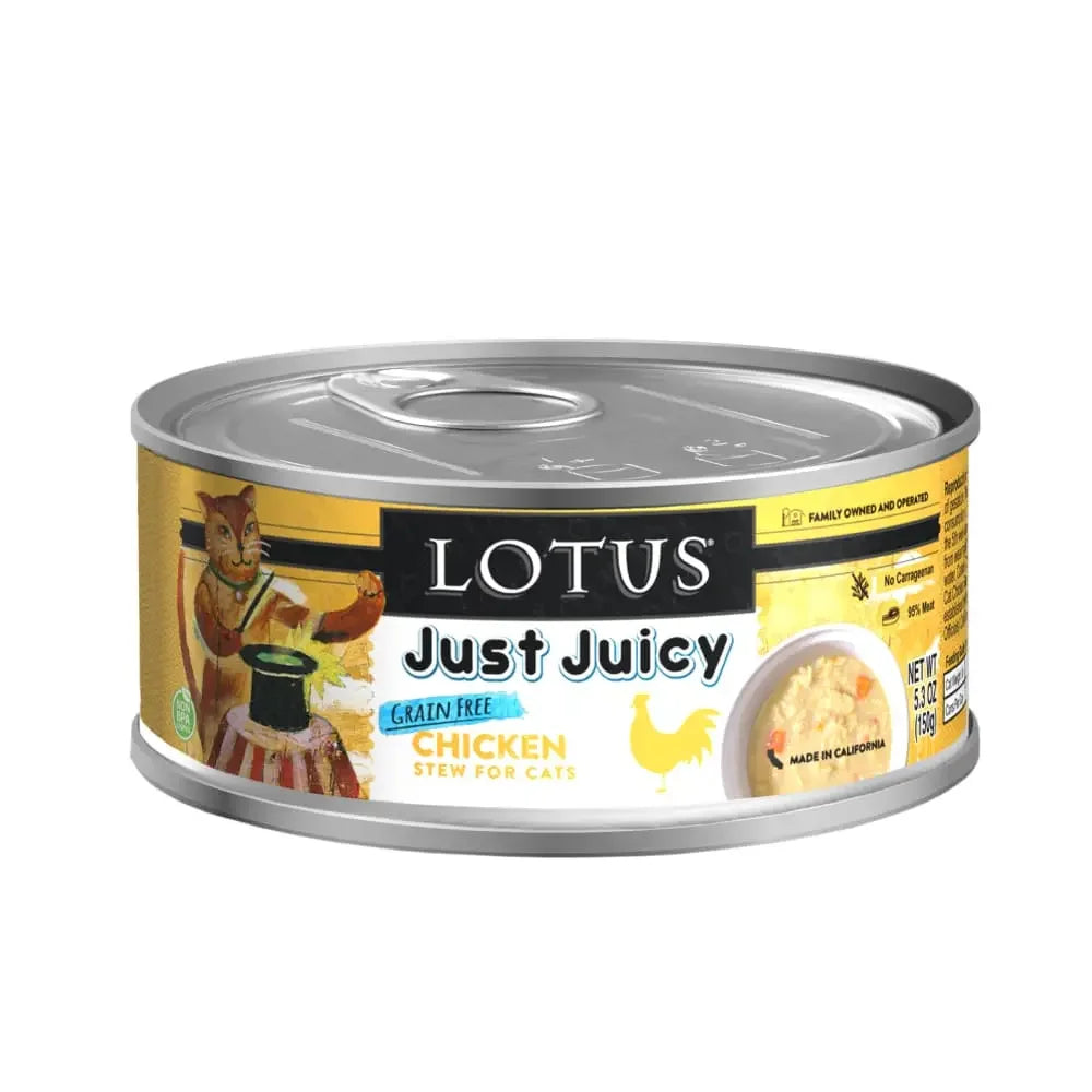 Lotus Just Juicy chicken cat food in a can with grain-free chicken stew for cats