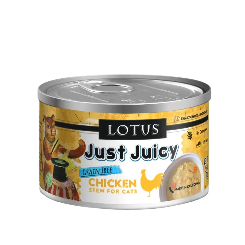 Lotus Just Juicy chicken cat food in a can, grain-free chicken stew for cats made in California