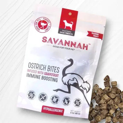 Savannah Hypoallergenic Ostrich Bites. Dog Treats with Immune Boosting Grapefruit 3oz - Talis Us