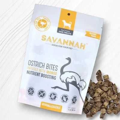 Savannah - Hypoallergenic Ostrich Bites. Dog Treats with Nutritious Mango 3oz - Talis Us