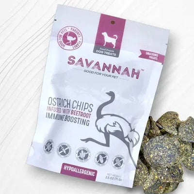 Savannah Pet Food Hypoallergenic Ostrich Chip Dog Treats with Immune Boosting Beetroot 2.5oz - Talis Us