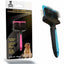The Talis Us Double Sided Dog Grooming Brush for Shedding features black, pink, and blue accents, an ergonomic design for easy grooming, and comes in packaging with a dog image. Brand: Talis Us.