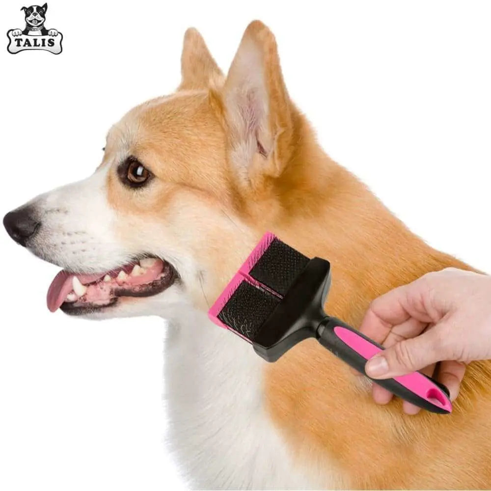 A person uses the Talis Us Double Sided Dog Grooming Brush for Shedding, in pink and black, to brush a corgi’s fur. The Talis Us logo appears in the top left corner while the corgi looks to the side with its mouth open.