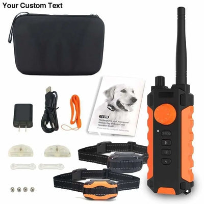 The Talis Us Rechargeable Bark Collar for Dogs - Dual Pack by Talis Us includes two adjustable collars with remote, charger, USB cable, test lights, contact points, user manual with dog image, orange lanyard, and black carrying case.