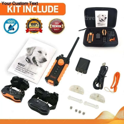 The Talis Us Rechargeable Bark Collar for Dogs - Dual Pack by Talis Us includes a remote, two adjustable collars, power adapter, USB charging cable, test light, contact points, user manual with dog image, and carrying case displayed on a white surface.